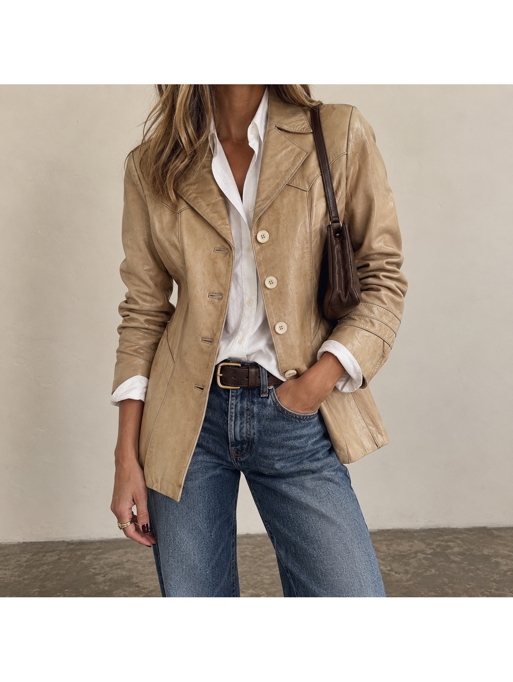 True Vintage Tan Leather Western Jacket 80s Fitted Blazer